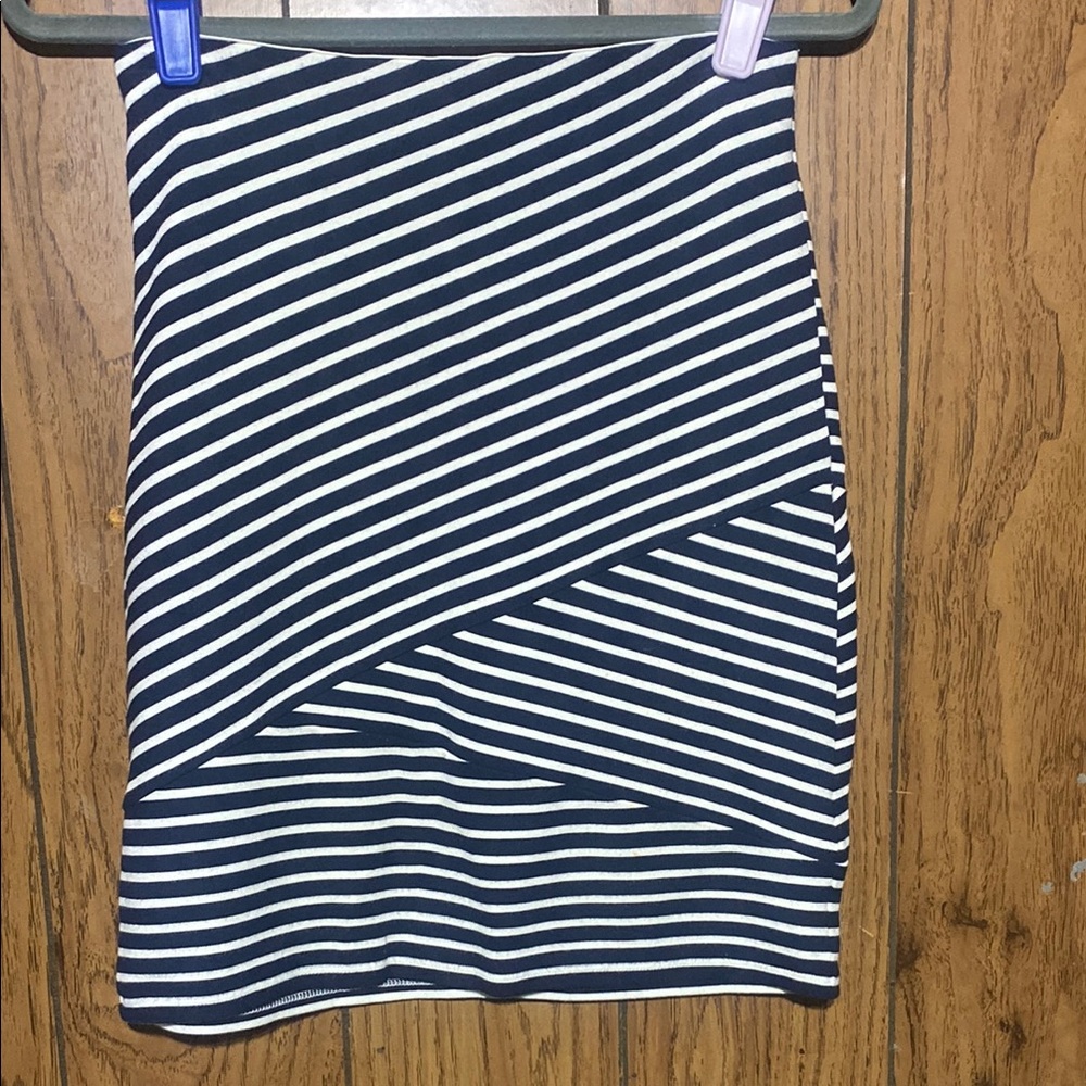 LOFT White and Blue Midi Pencil Skirt Asymmetrical Design